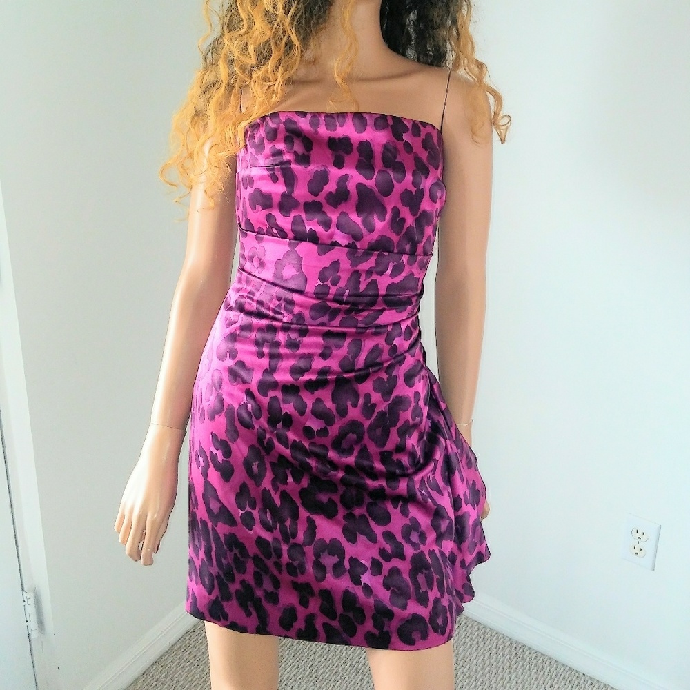 Kay Unger leopard strapless fushia mini dress sz 6